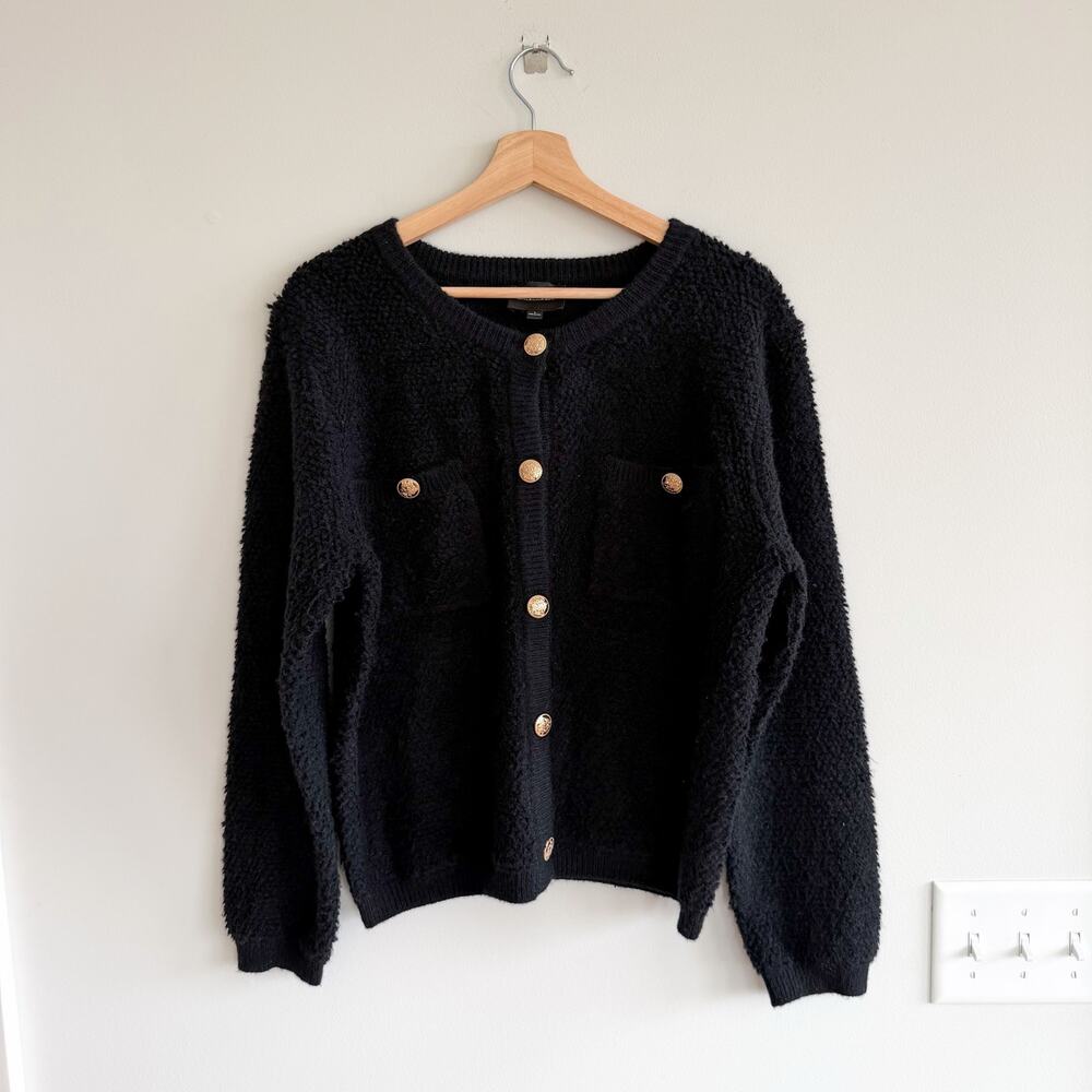 Line And Dot Khloe Boucle Button Front Casual Knit Cardigan Black L